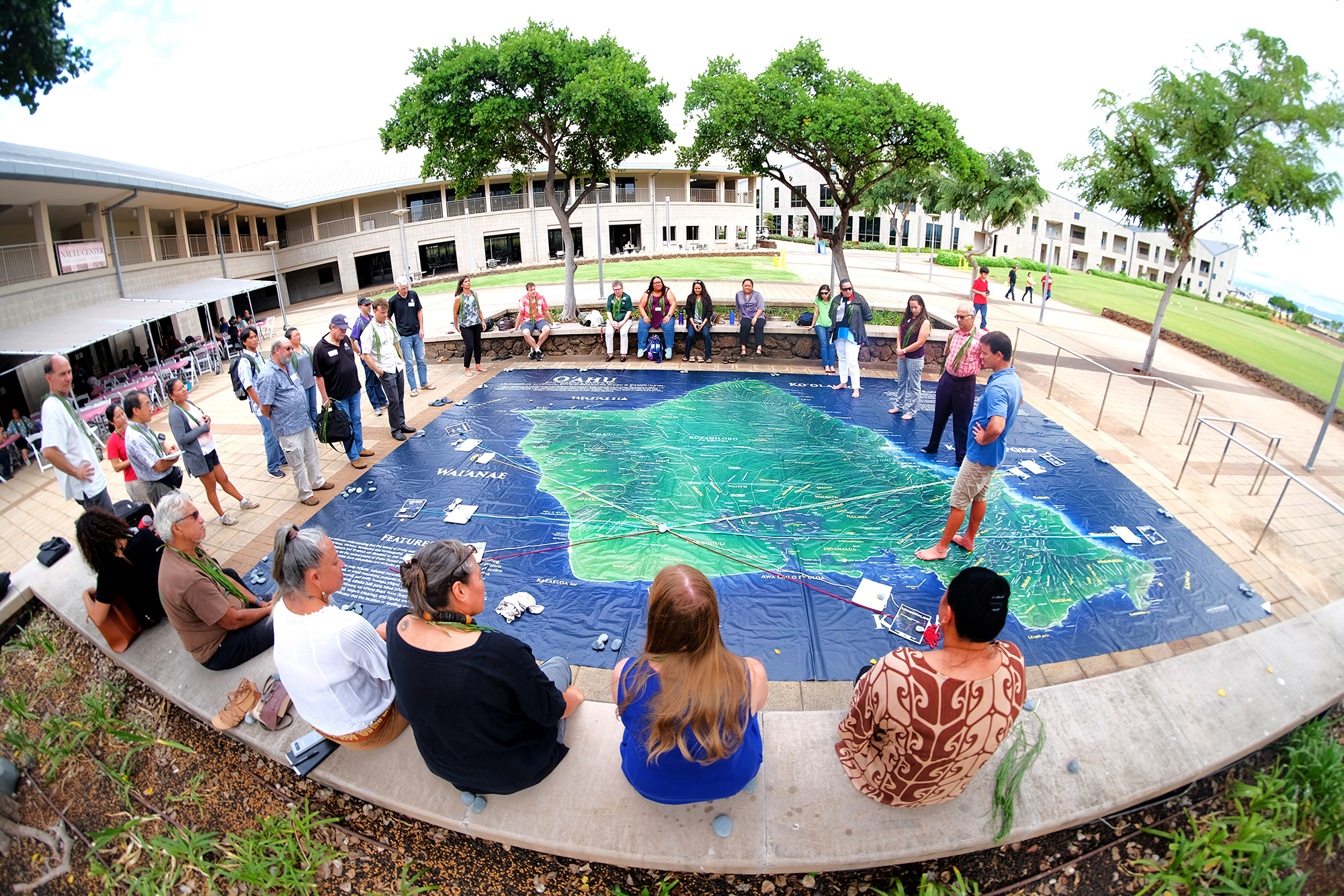 Tom Penna addresses a group at Pūkoʻa Kani ʻĀina – a project that helps bring UH West Oʻahu faculty, high schools counselors, community college advisors, and other community members to strengthen their partnerships and develop best practices in supporting Native Hawaiian students in STEM.
