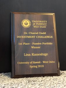 Trophy for Lisa Kaneshige, first place passive portfolio winner.