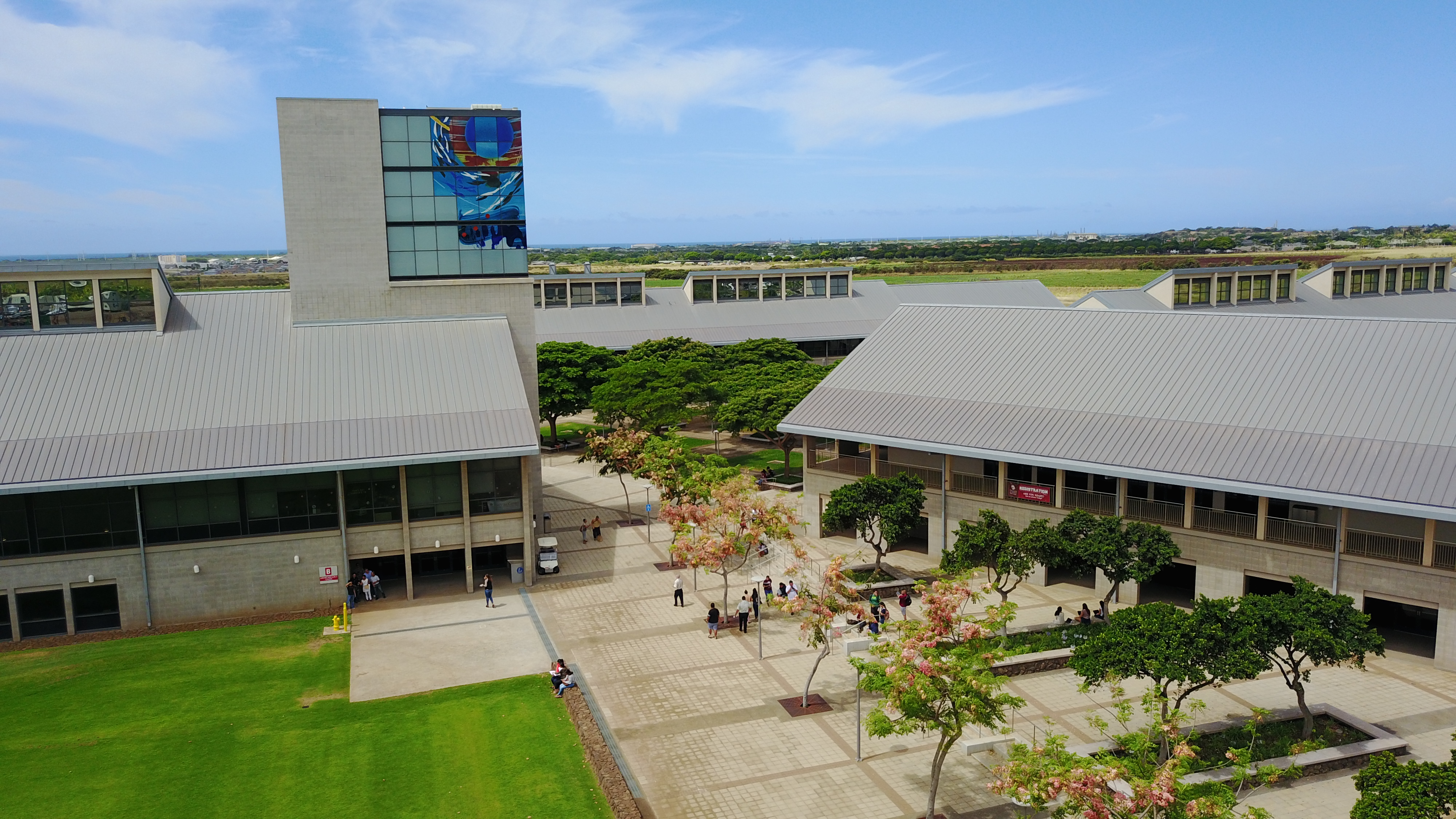 Aerial view of the library and C building at the University of Hawaiʻi–West Oʻahu.