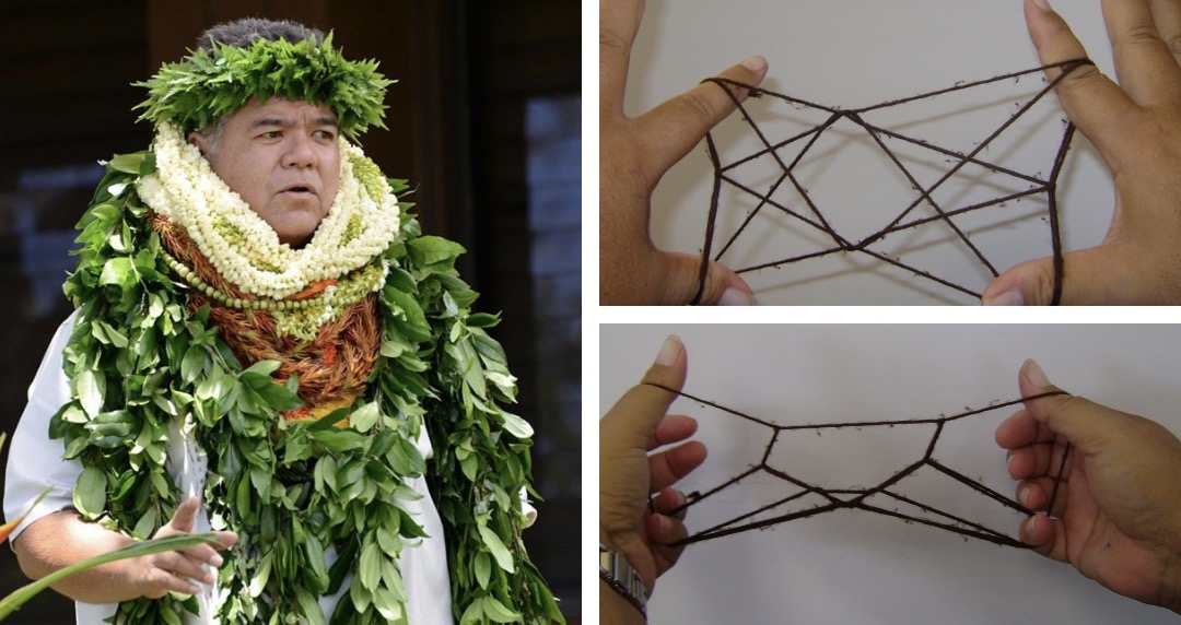 Dr. Kalani Akana and closeups of hands demonstrating string figures.