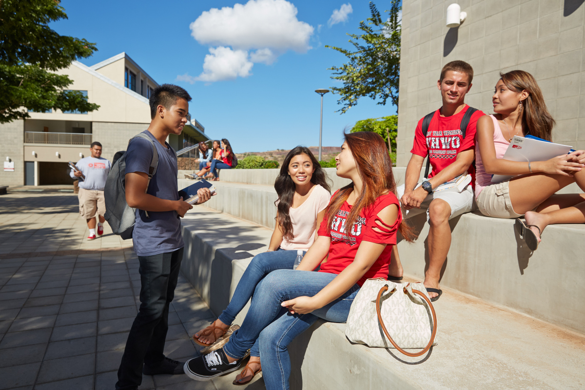 A group of students sitting and talking on a wall in the courtyard.