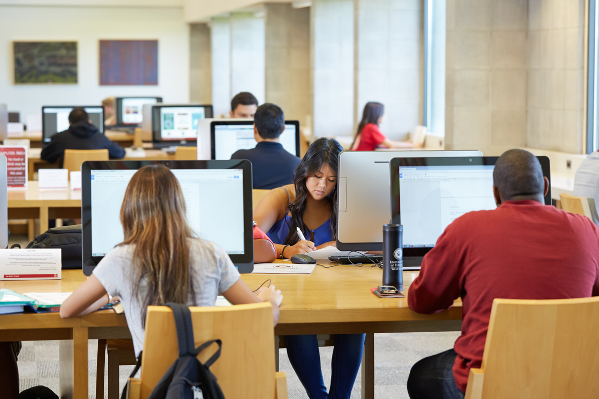 Students sitting at computer terminals in the library.
