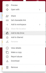 Image of context menu that appears when right clicking on shared item