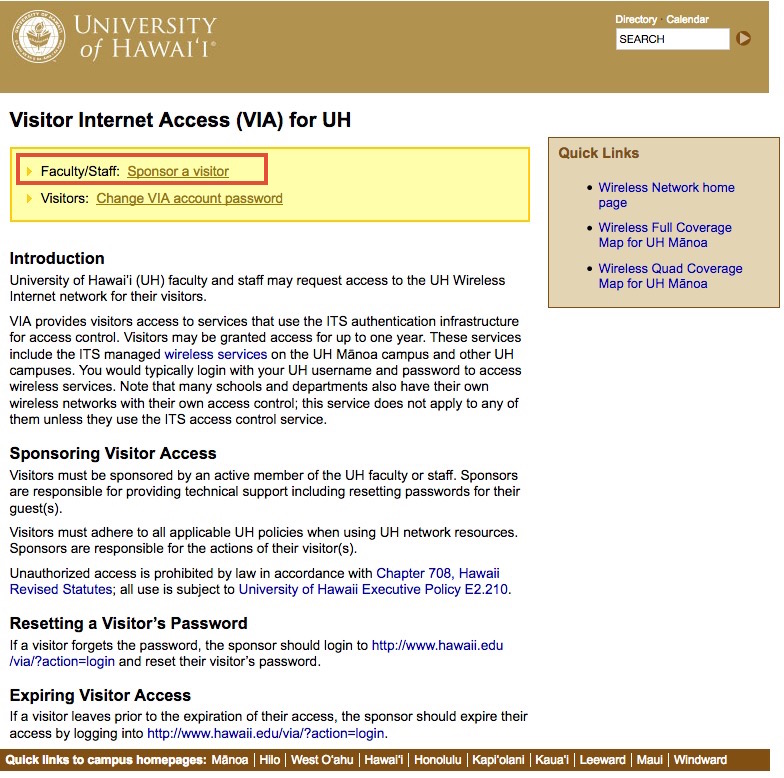 UH Wireless VIA Webpage