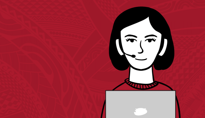 Graphic of woman sitting in front of a lap top and wearing a headset.