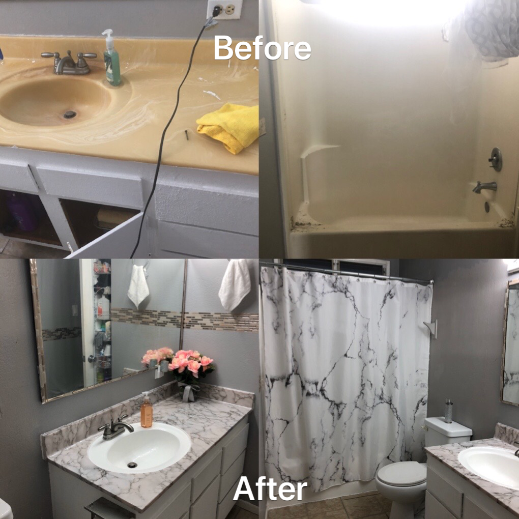 Before and after photos of a redesigned bathroom project.