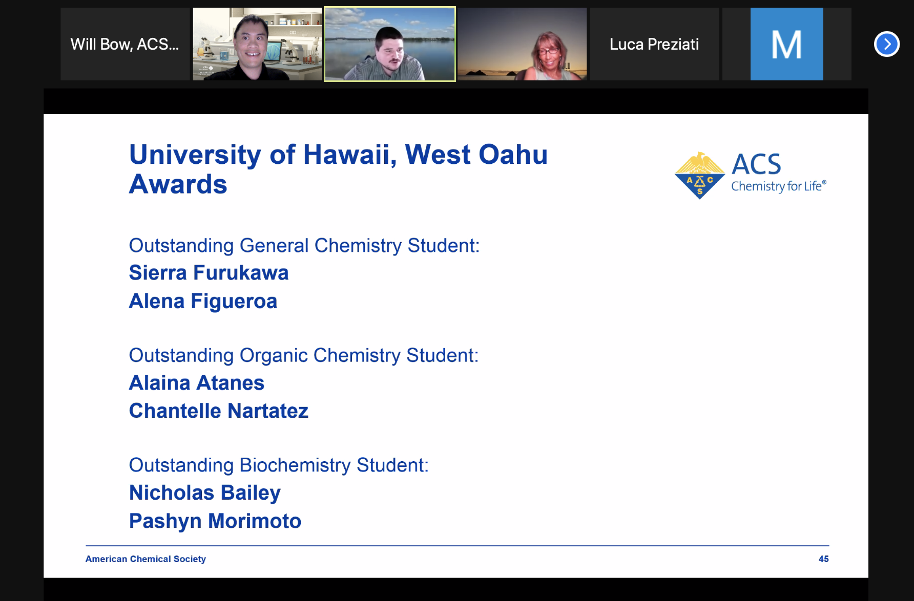 A screenshot of award recipients from a virtual ceremony.