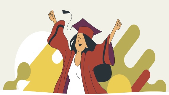 Graphic image of graduate in cap and gown celebrating with both hands in air.