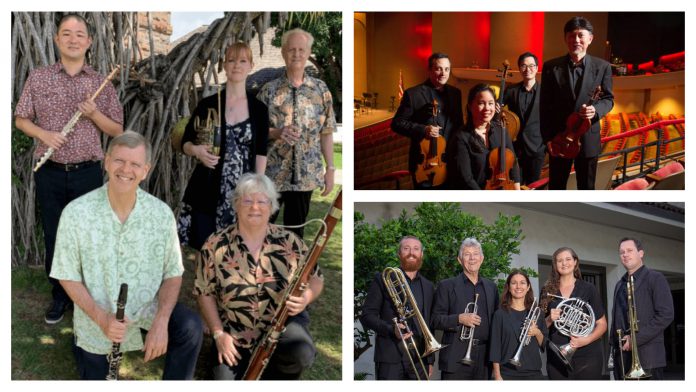Three separate group photo of Chamber Music Hawaii ensembles.