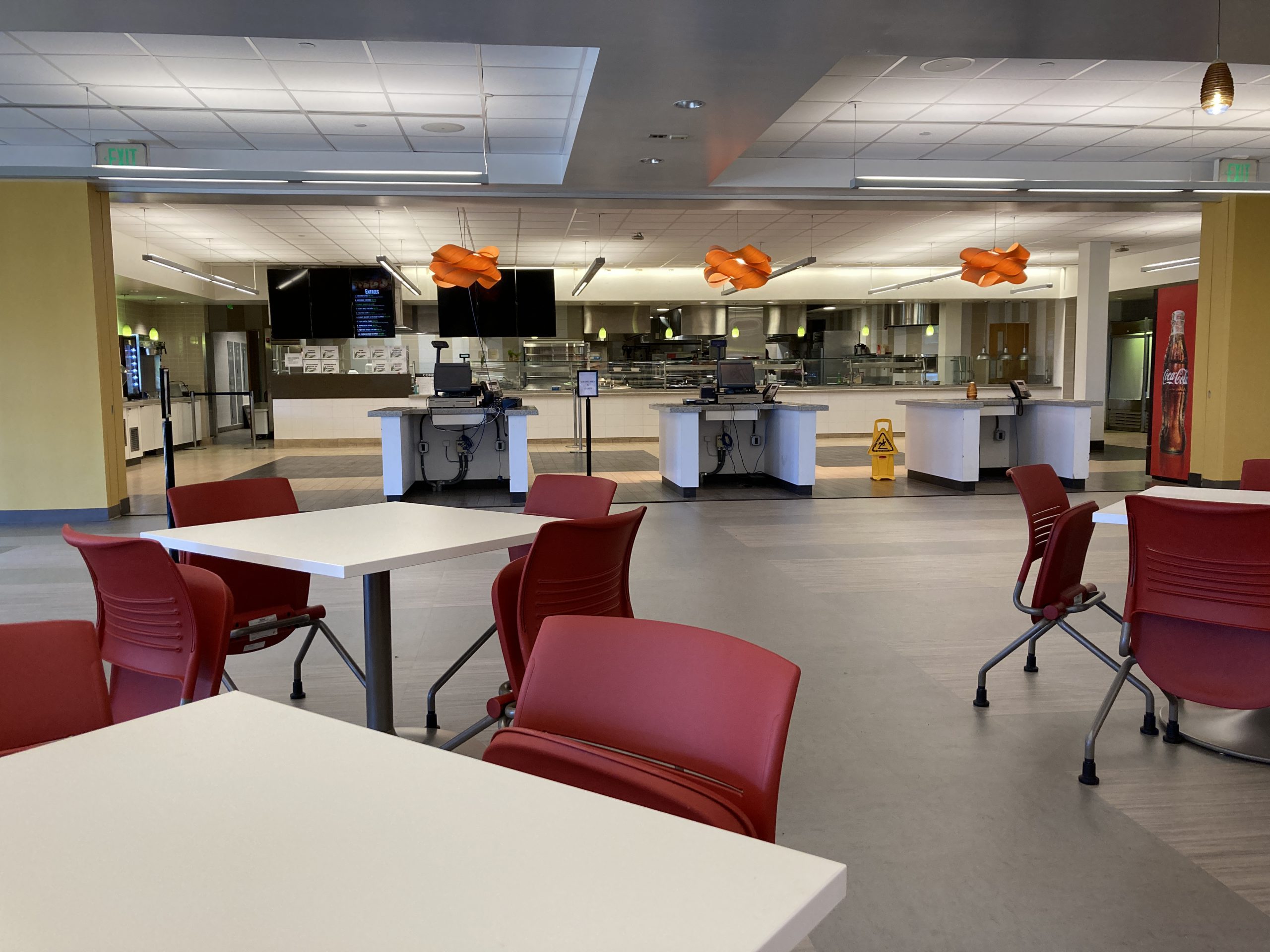 Part of the seating area and the kitchen area of the Dining Hall.