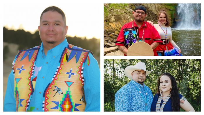 Collage of three men and two women outdoors and dressed in Native American attire.