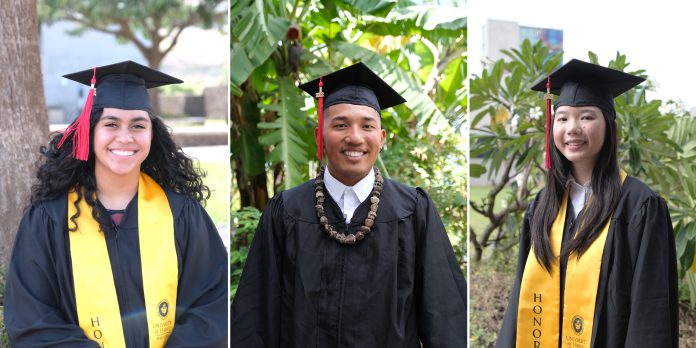 A collage of three students wearing their graduattion caps and gowns.