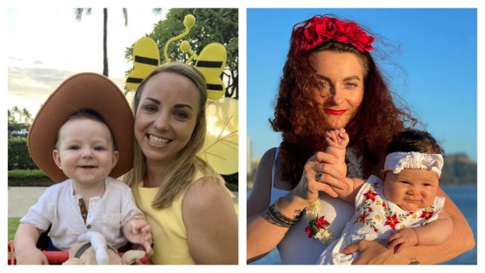 Side-by-side images of two women holding their babies.