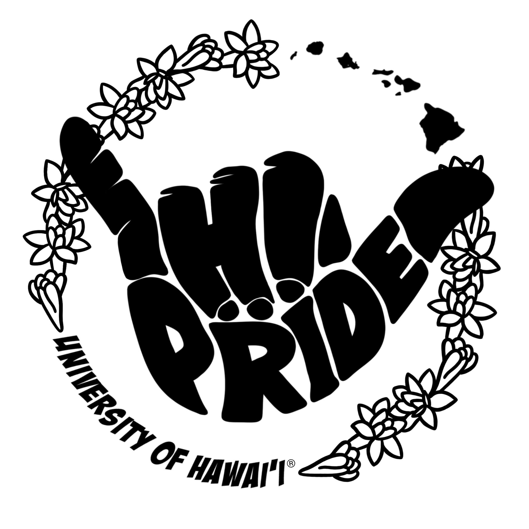 A design featuring an illustration of a shaka and the words HI Pride.