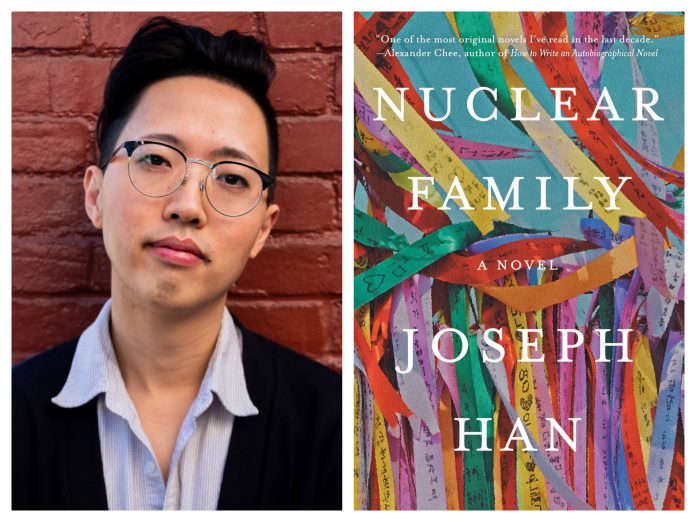 Author Joseph Han next to an image of his book cover for Nuclear Family: A Novel.