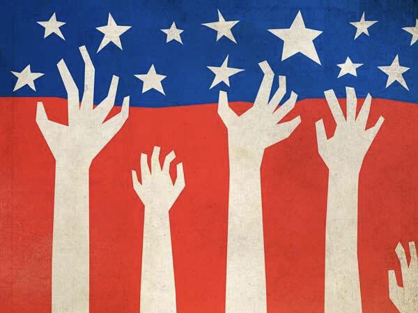 Graphic of two white hands reaching for white stars with a blue and red background.
