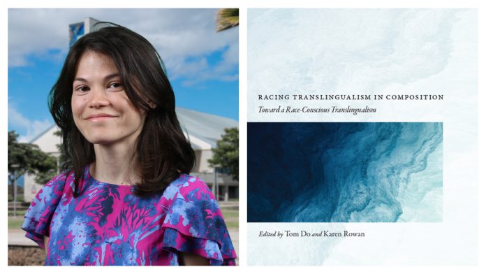 Side-by-side images of a woman smiling and a book cover.