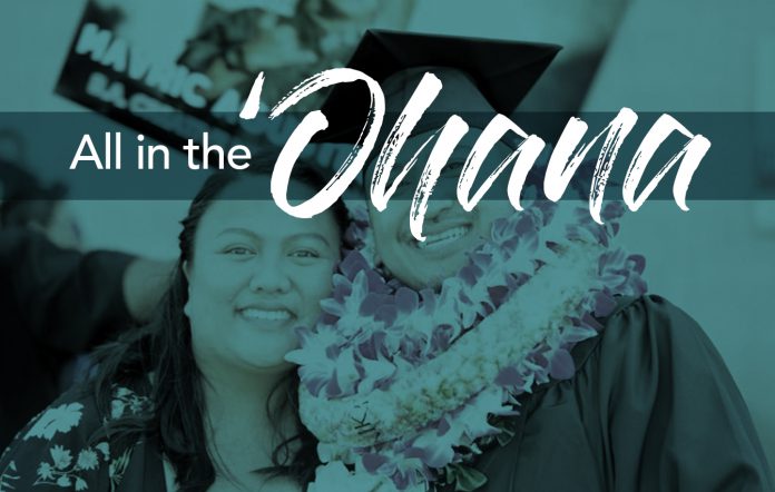 Graphic of a married couple at husbandʻs graduation ceremony with text, 