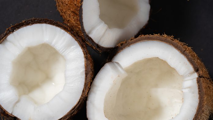 Coconut shells split in halves.
