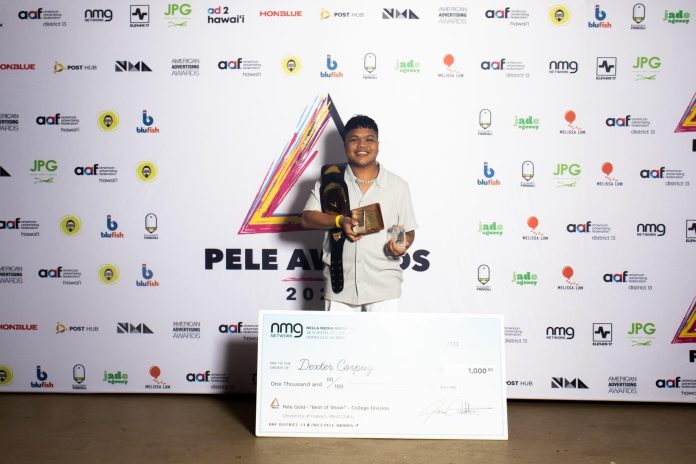 A man holding trophies and smiling in front of a backdrop with various logos.