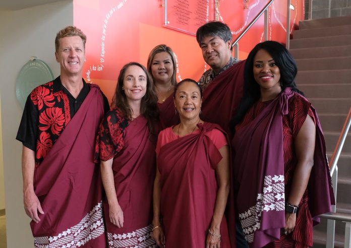 The UH West O‘ahu executive team consisting of (from left to right) VC Harald Barkhoff, Dr. Jessica Miranda, VC Dee Uwono, Chancellor Maenette Benham, VC David McDonald, and Dr. Camonia Graham-Tutt.