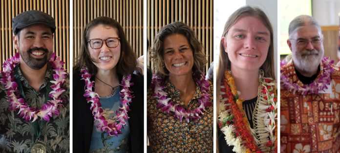 A collage of five headshots of men and women smiling and wearing lei.