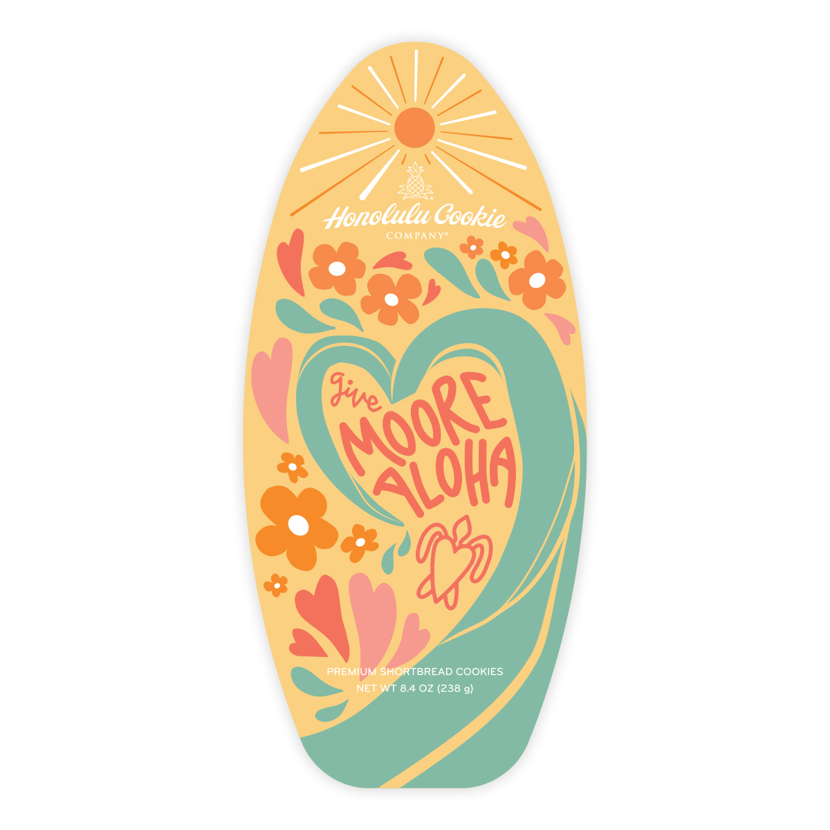Graphic of a surboard with text, "Give Moore Aloha."