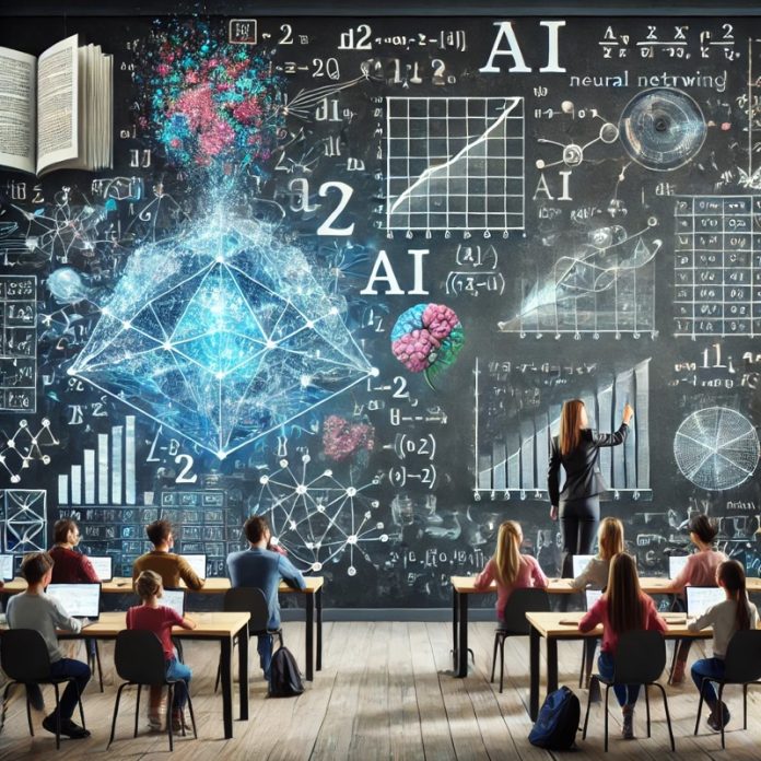 Illustration of a classroom of students adn a teacher, with math formulas and graphs in the background.