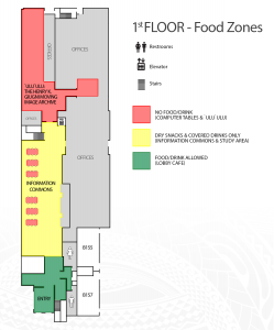 A food zone map of the first floor of the James & Abigail Campbell Library.