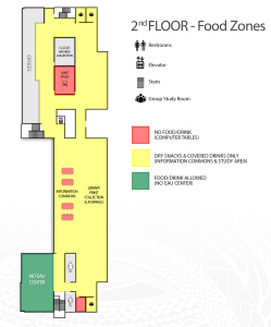 A food zone map of the second floor of the James & Abigail Campbell Library.