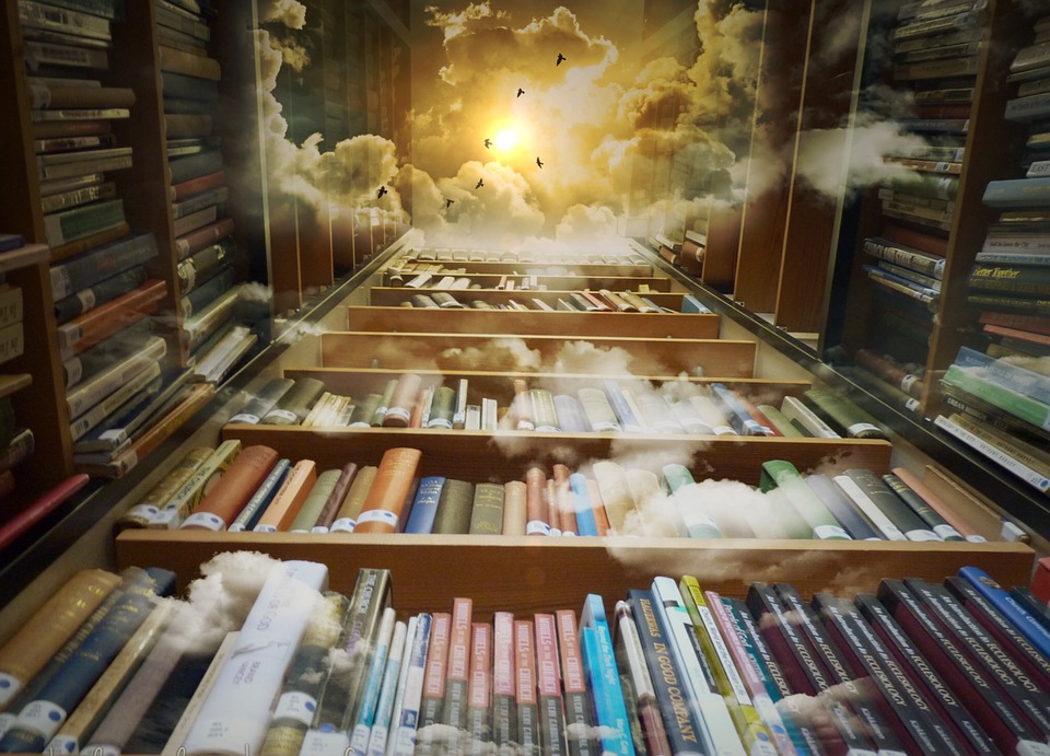 library-sky-birds-mystical-clouds