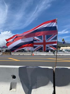 A picture of the official Hawaiian flag, upside down, indicating distress.