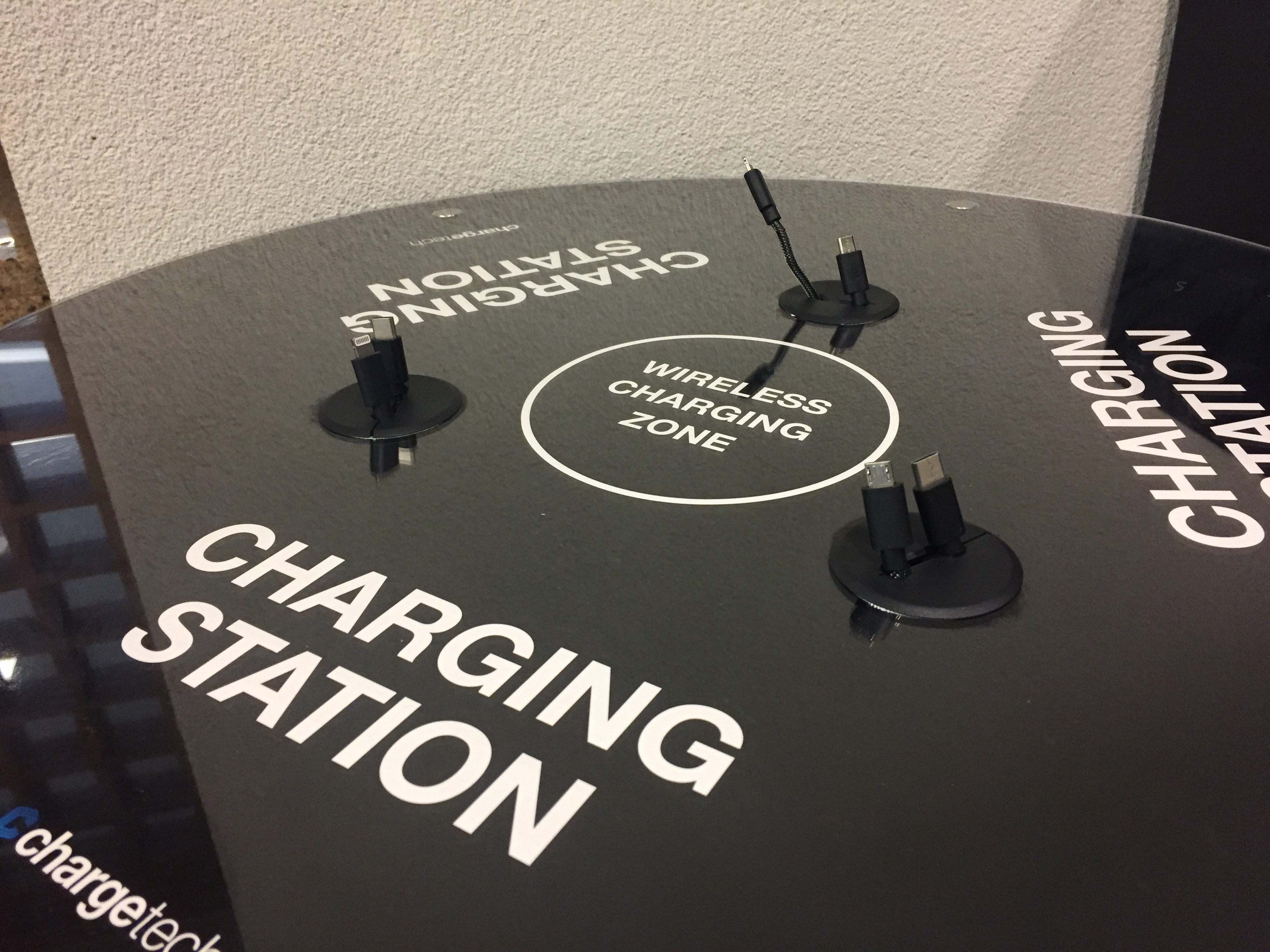 Picture of the charging station located in the Library's lobby.