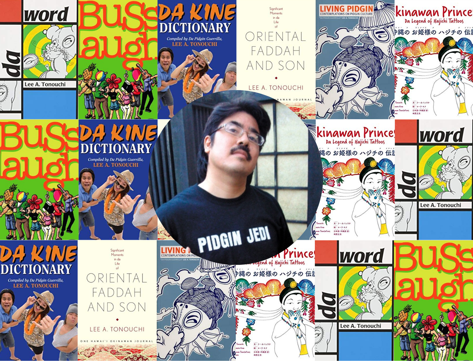 A picture of Lee Tonouchi over a background of his book covers.