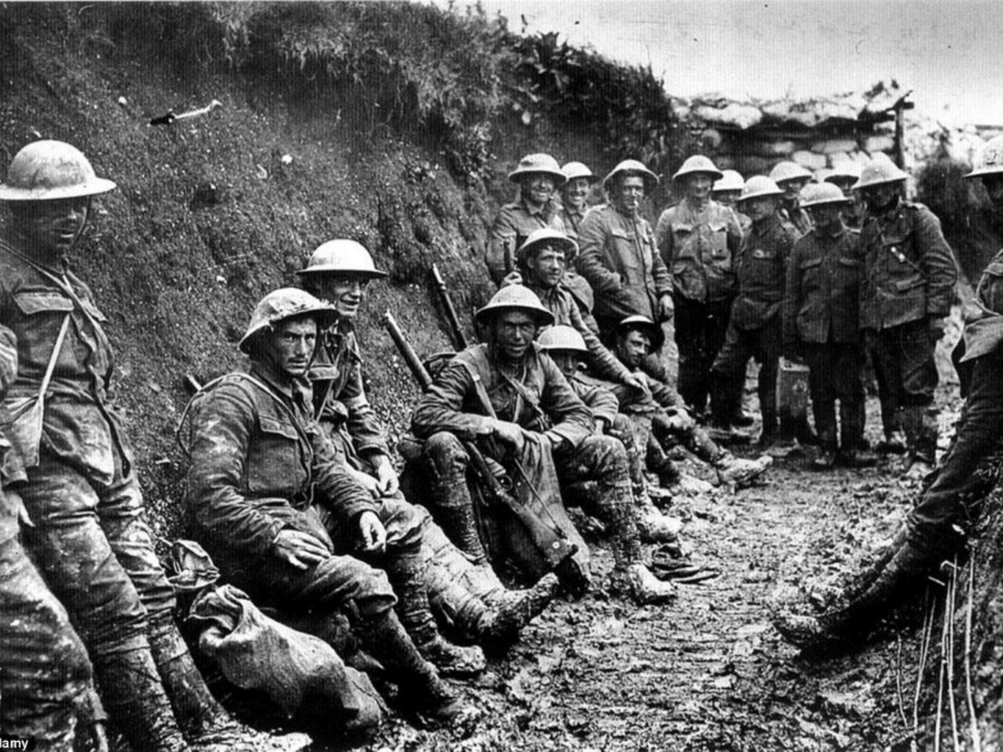 A picture of several soldiers in a trench during WWI