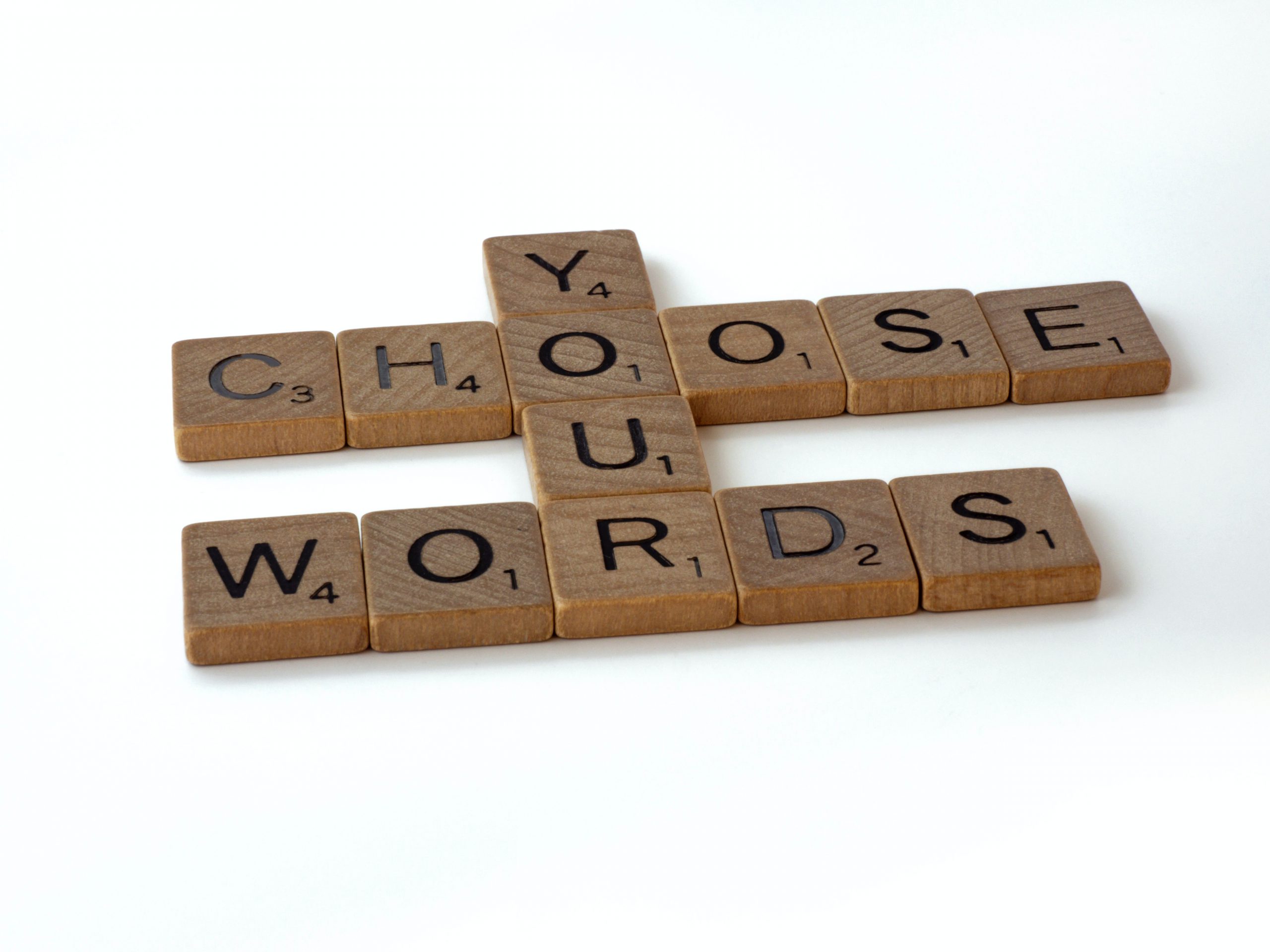 A picture of scrabble pieces showing the phrase, "Choose Your Words."