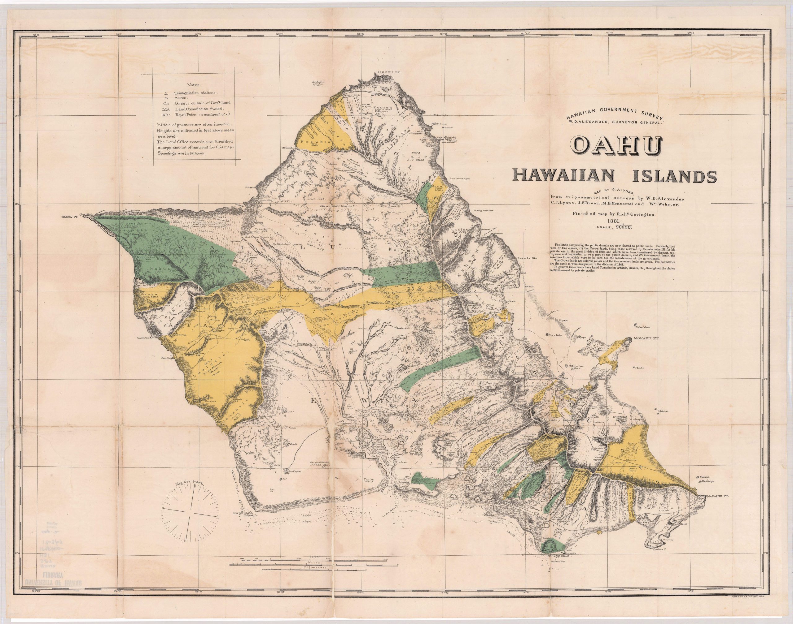 A map of O'ahu from 1881 showing the distinction between crown lands and government lands