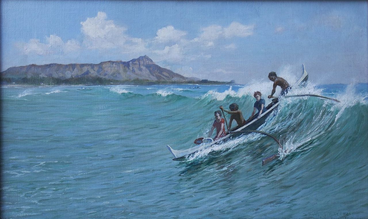 A digital rendering of a painting that depicts a group of people canoe surfing in Waikiki, with Diamond Head in the background.