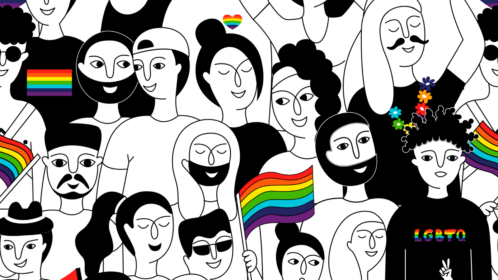 A seamless pattern of people at a pride parade - doodle style.