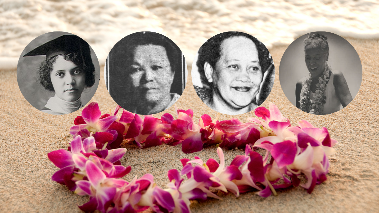 An image of the shoreline, with a wave in the background and an orchid lei in the foreground. Overlaid are four circular images featuring the following women: Alice Ball, Kong Tai Heong, Helen Lake Kanahele, and ʻIolani Luahine.