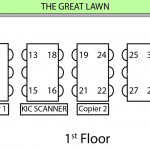 A map of the computer layout on the first floor of the library. There are 6 tables, each having 6 computers on them.