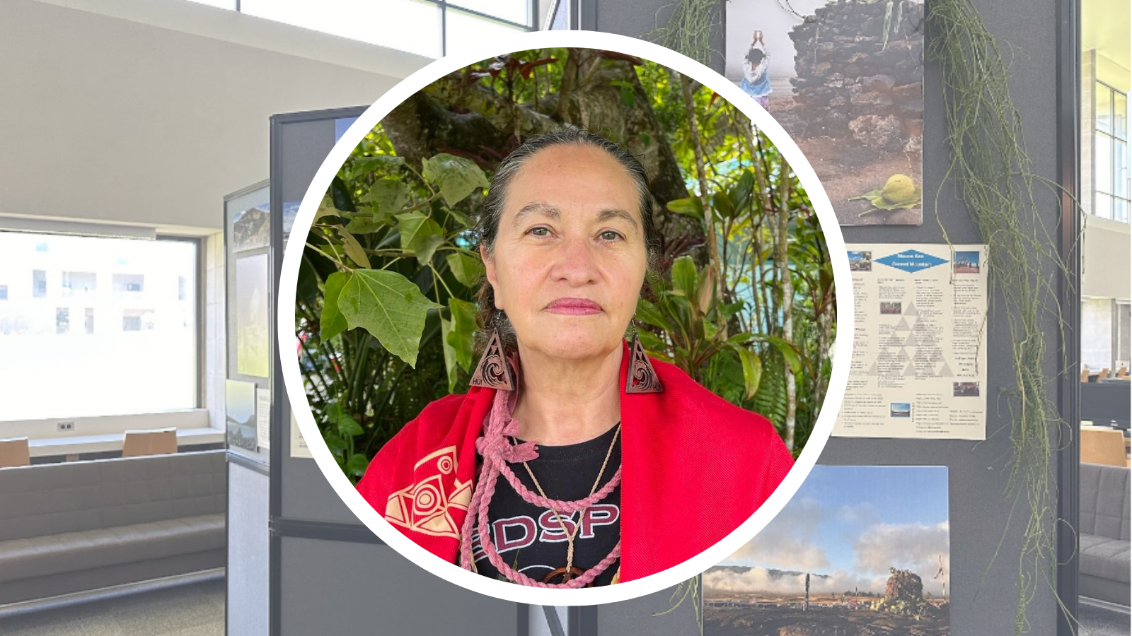 A picture of Aunty Pua Case with the KŪKULU exhibit underlaid.