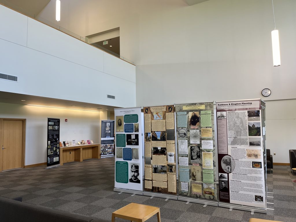 A view of some of the panels of the Hawaiian Youths Abroad exhibit at UH West Oahu, as well as some resources from the library's Hawaii Pacific collection that relate to the exhibit themes.