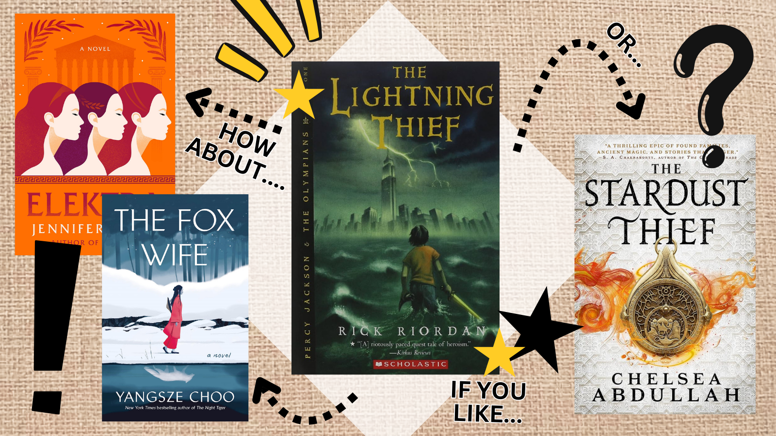 Banner of different spring reading recommendations. The image shows The Lightning Thief, Elektra, Fox Wife, and the Stardust Thief.