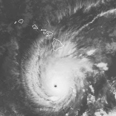Satellite imagery of a hurricane near the Hawaiian islands.