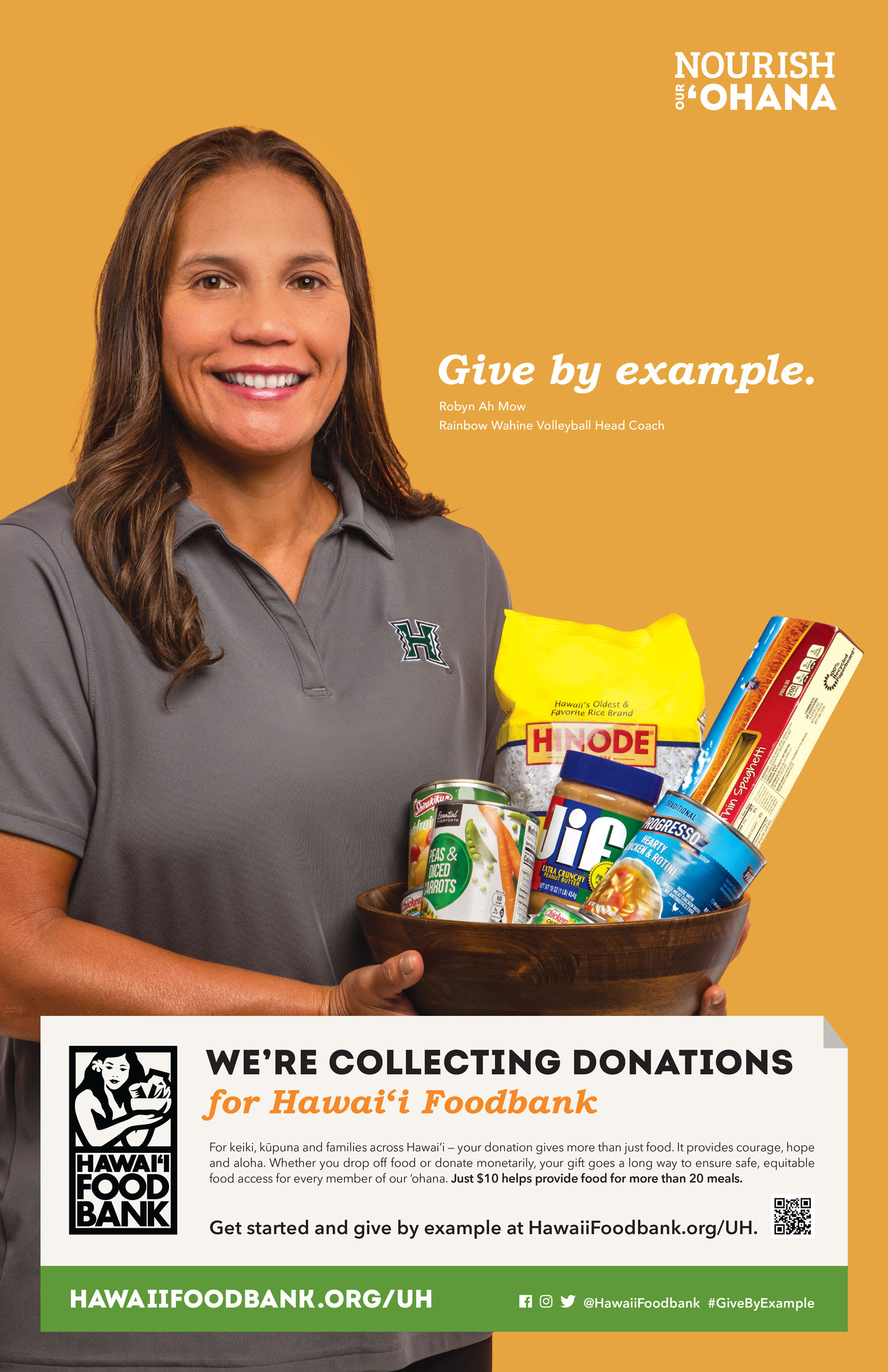Event flyer with image of a woman holding a bowl filled with canned goods and other nonperishable food items.