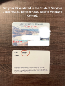 Image of the front and back of a U H West Oahu student I D card. Text says, 