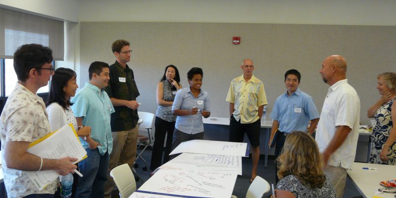 Group of people around a table with poster papers