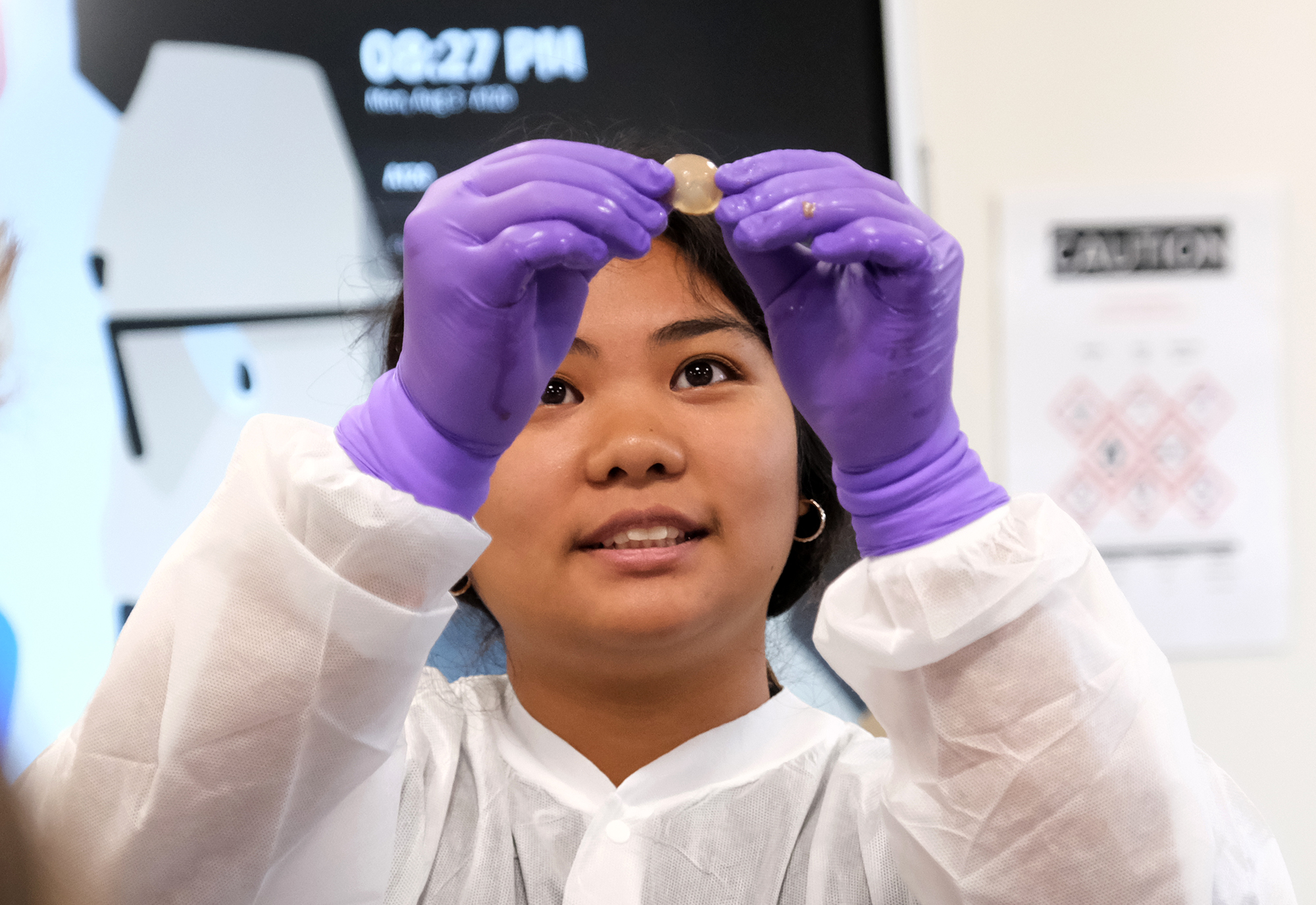 A Health Sciences student wearing white personal protective equipment and purple latex gloves inspecting the lens of a cow's eye.