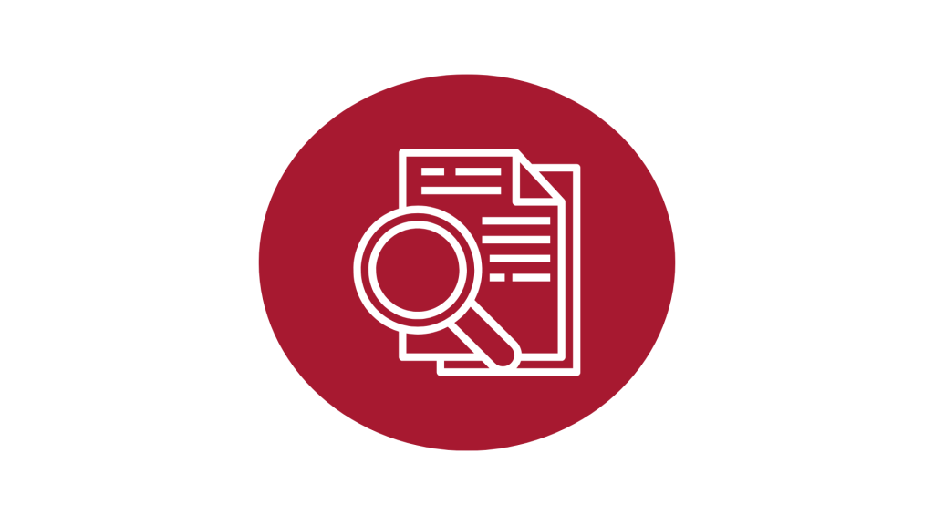 A red circle with a picture of papers and a magnifying glass.